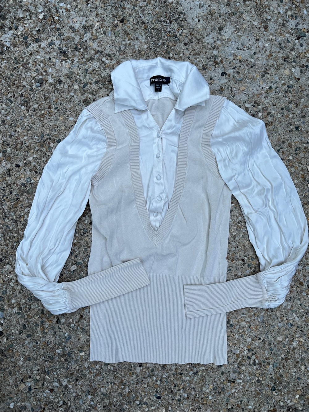 bebe Cream Layered V-Neck Knit Top with Satin-Look Blouse